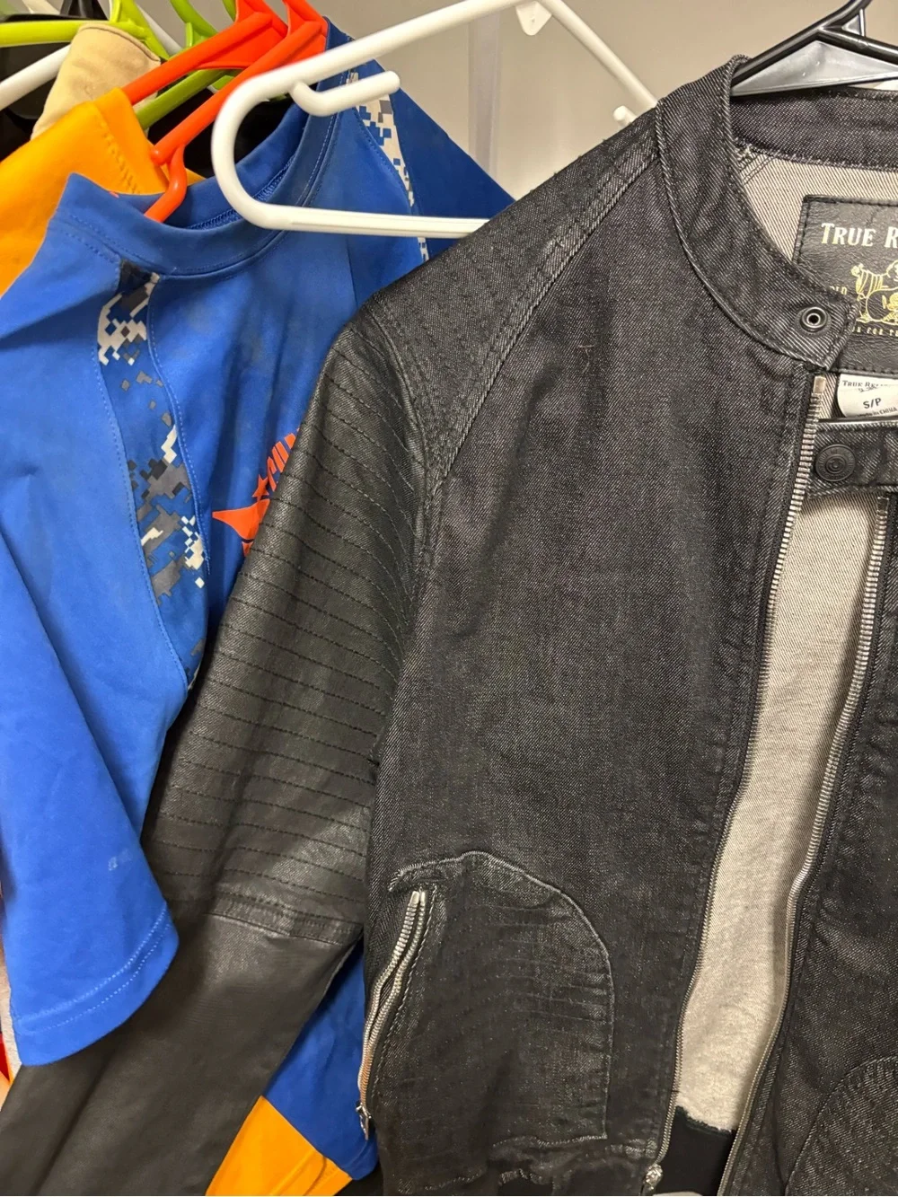 True Religion Black Denim Bomber Jacket with Quilted Sleeves